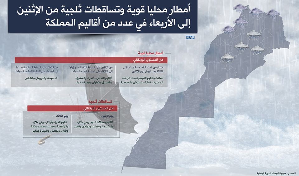 أمطار قوية وتساقطات ثلجية ابتداءا من اليوم الاثنين (نشرة خاصة)